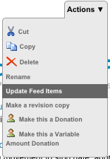 actions menu, "update feed items" highlighted